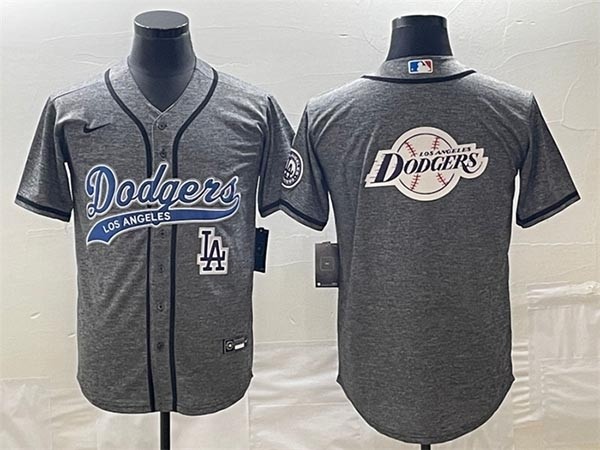 Men's Los Angeles Dodgers Heather Grey Team Big Logo With Patch Cool Base Stitched Baseball Jersey