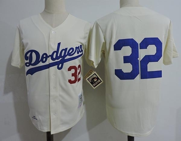 Men's throwback Los Angeles Dodgers #32 Sandy Koufax Cream Cooperstown Collection Jersey