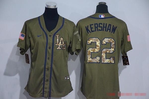 Women Los Angeles Dodgers #22 Clayton Kershaw Olive 2020 Nike Cool Base Jersey