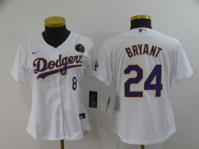 Women Los Angeles Dodgers #8 & 24 Kobe Bryant Nike White Purple No. Cool Base 2020 KB Patch Jersey