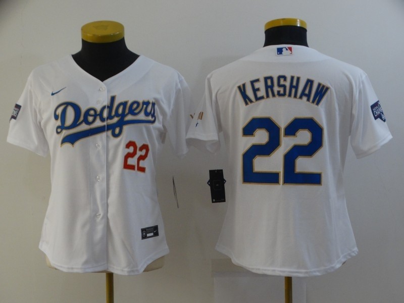 Women Dodgers #22 Clayton Kershaw White Women Nike 2021 Gold Program Cool Base Jersey