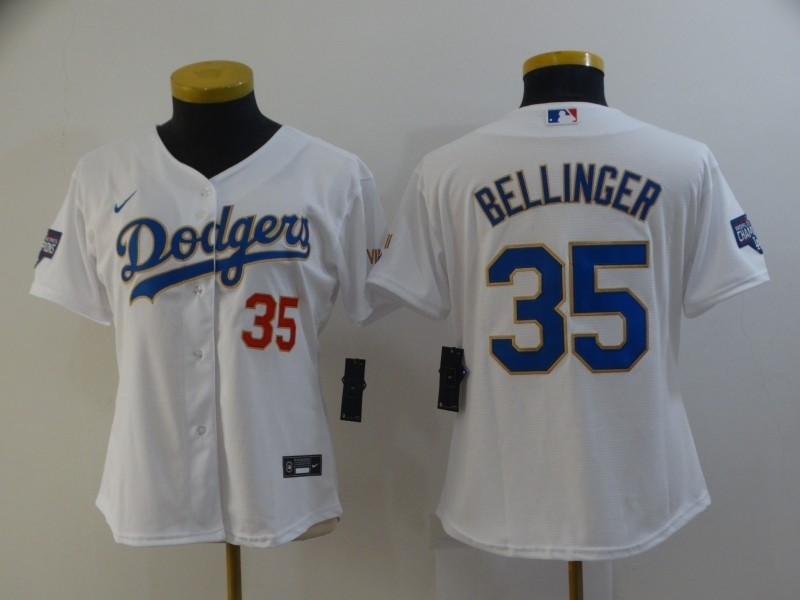 Women Dodgers #35 Cody Bellinger White Women Nike 2021 Gold Program Cool Base Jersey