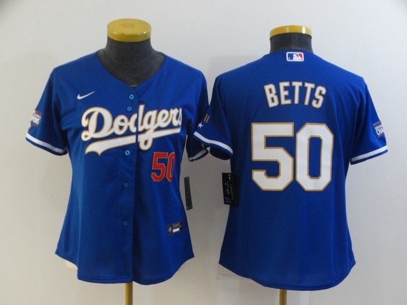 Women Dodgers #50 Mookie Betts Royal blue Women Nike 2021 Gold Program Cool Base Jersey