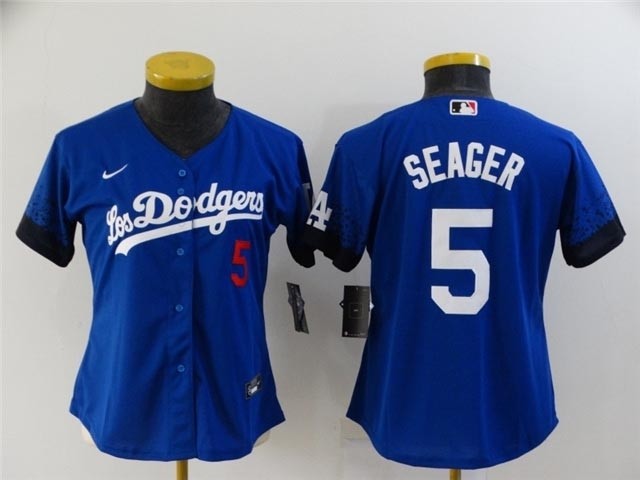 Women's Los Angeles Dodgers #5 Corey Seager Royal Blue 2021 City Connect Cool Base Jersey with front of number