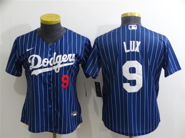 Women's Los Angeles Dodgers #9 Gavin Lux Blue Pinstripe Cool Base Jersey