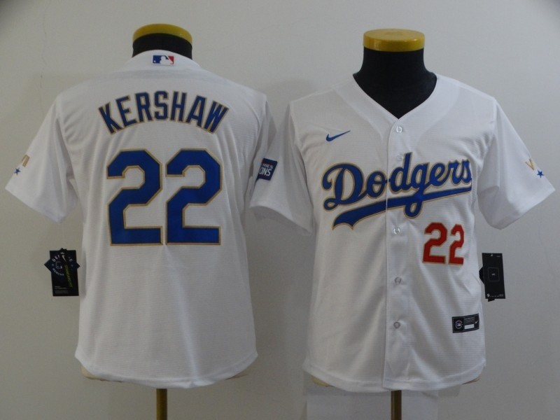 Youth Dodgers #22 Clayton Kershaw White Youth Nike 2021 Gold Program Cool Base Jersey