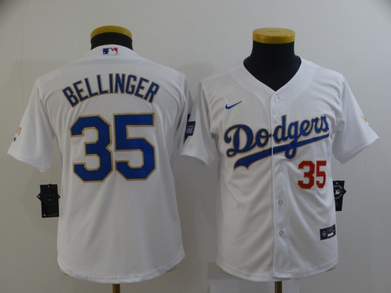 Youth Dodgers #35 Cody Bellinger White Youth Nike 2021 Gold Program Cool Base Jersey