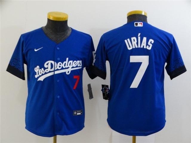 Youth Los Angeles Dodgers #7 Julio Urias Royal Blue 2021 City Connect Cool Base Jersey with front of number