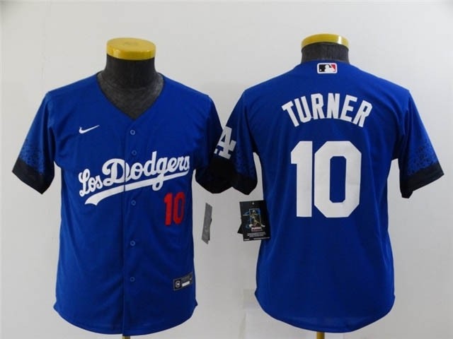 Youth Los Angeles Dodgers #10 Justin Turner Royal Blue 2021 City Connect Cool Base Jersey with front of number