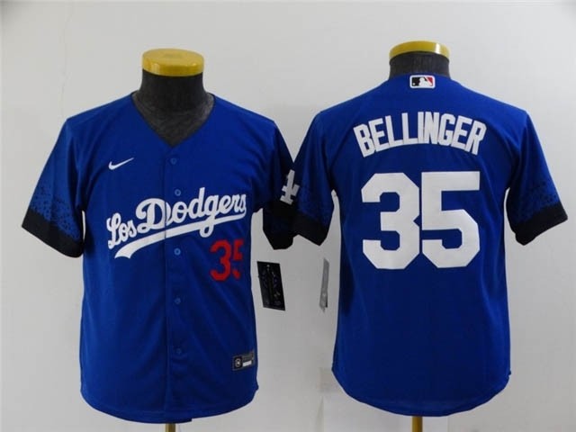 Youth Los Angeles Dodgers #35 Cody Bellinger Royal Blue 2021 City Connect Cool Base Jersey with front of number