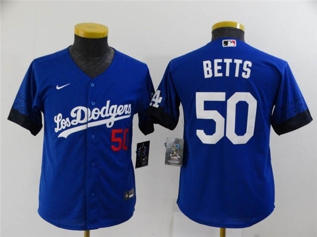 Youth Los Angeles Dodgers #50 Mookie Betts Royal Blue 2021 City Connect Cool Base Jersey with front of number