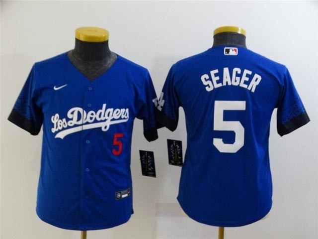 Youth Los Angeles Dodgers #5 Corey Seager Royal Blue 2021 City Connect Cool Base Jersey with front of number