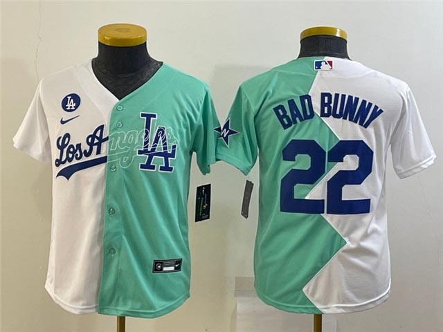 Youth Los Angeles Dodgers #22 Bad Bunny White Green 2022 MLB All-Star Split Jersey