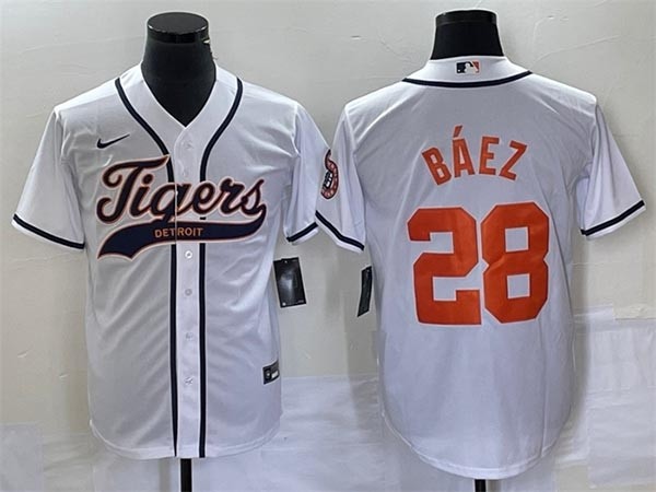 Men's Detroit Tigers #28 Javier Baez White Cool Base Stitched Baseball Jersey