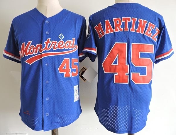 Men's Throwback Montreal Expos #45 Pedro Martinez Blue Cooperstown Collection Mesh Batting Practice Jersey