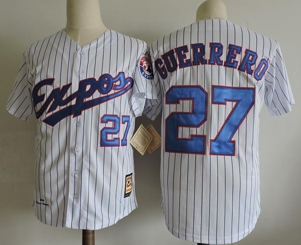 Men's Throwback Montreal Expos #27 Vladimir Guerrero White Pinstripe Jersey