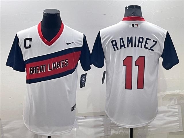 Men's Cleveland Guardians #11 Jose Ramirez White 2021 Little League Classic Cool Base Jersey