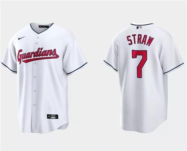 Men's Cleveland Guardians #7 Myles Straw White Cool Base Stitched Jersey