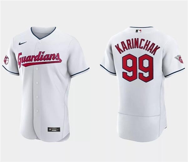 Men's Cleveland Guardians #99 James Karinchak White Flex Base Stitched Jersey