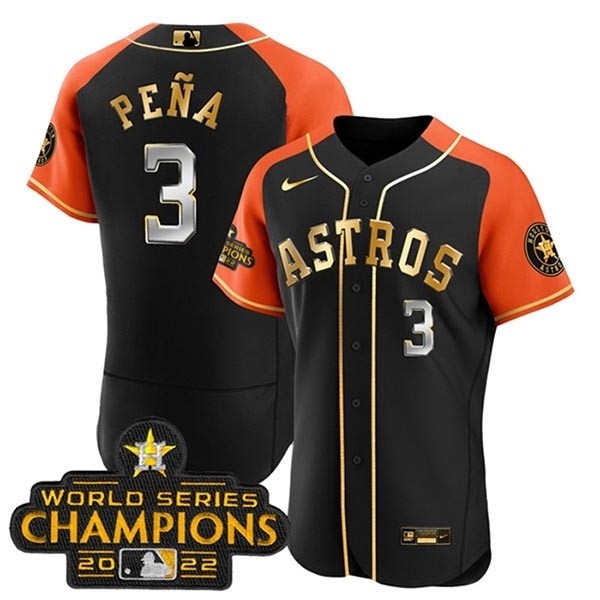 Men's Houston Astros #3 Jeremy Pena 2022 Black Gold V2 Alternate Flex Base Stitched Baseball Jersey