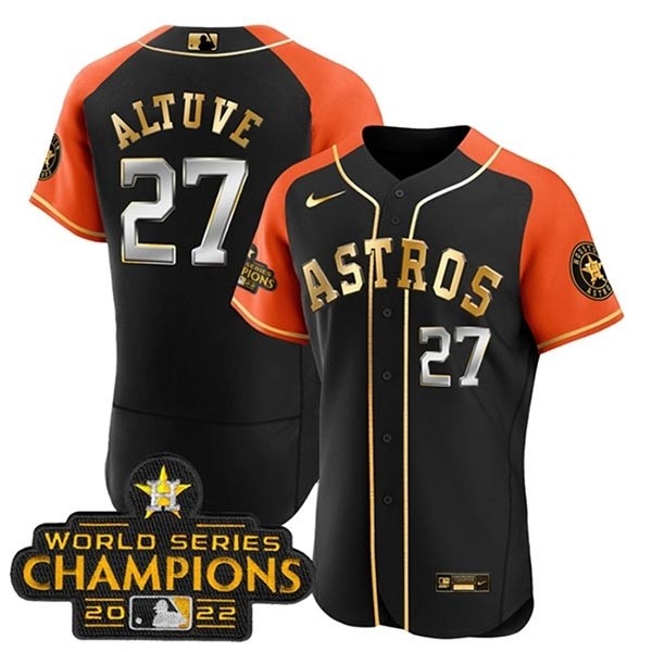 Men's Houston Astros #27 Jose Altuve 2022 Black Gold V2 Alternate Flex Base Stitched Baseball Jersey