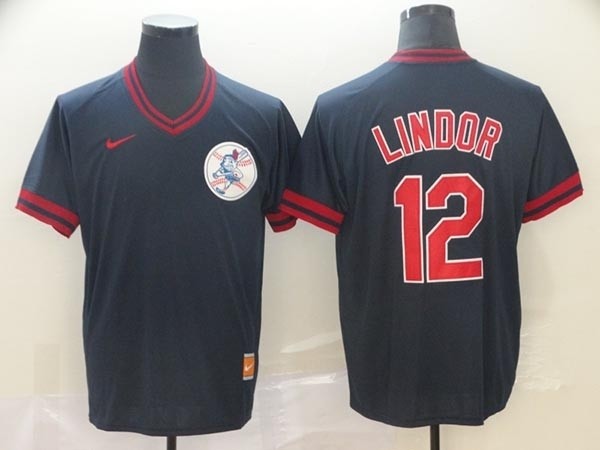 MLB Cleveland Indians #12 Francisco Lindor Navy Nike Throwback Jersey