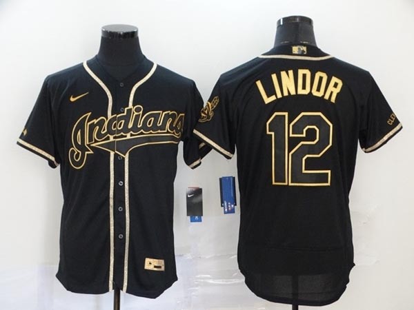 MLB Cleveland Indians #12 Francisco Lindor Black Gold 2020 Nike Flexbase Jersey