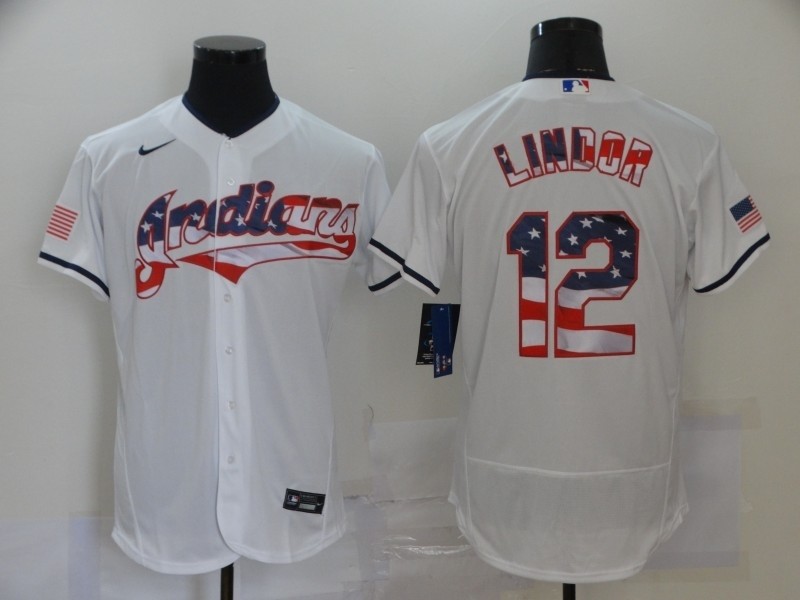 MLB Cleveland Indians #12 Francisco Lindor White USA Flag Nike Flexbase Jersey