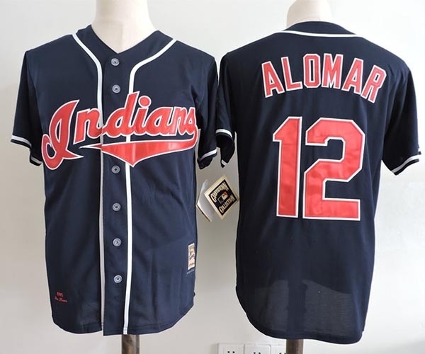 Men's Throwback Cleveland Indians #12 ROBERTO ALOMAR Navy Cooperstown Collection MLB Jersey