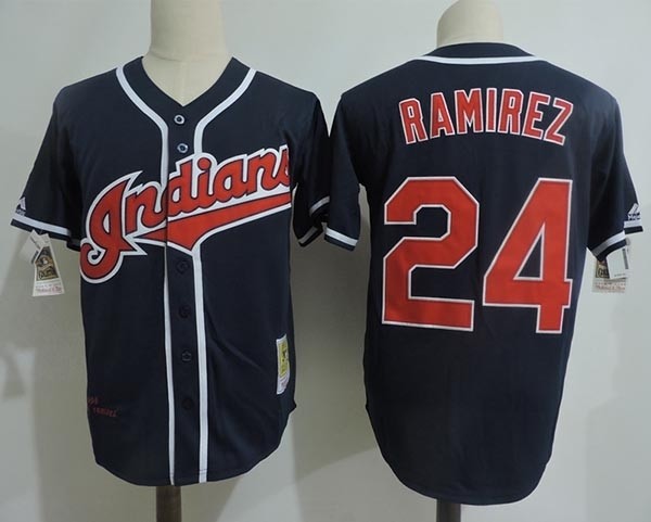 Men's Throwback Cleveland Indians #24 Manny Ramirez Navy Cooperstown Collection MLB Jersey