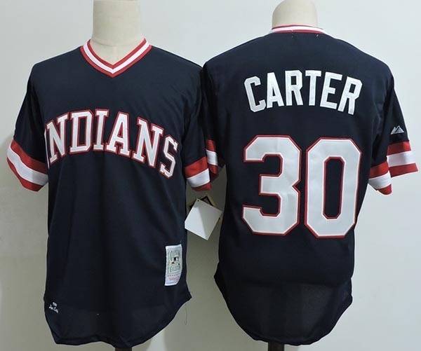 Men's Throwback Cleveland Indians #30 Joe Carter Navy Cooperstown Collection MLB Jersey