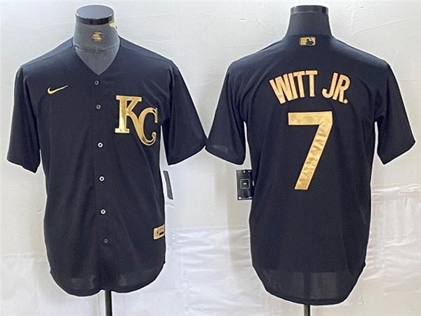 Men's Kansas City Royals #7 Bobby Witt Jr. Black Gold Jersey