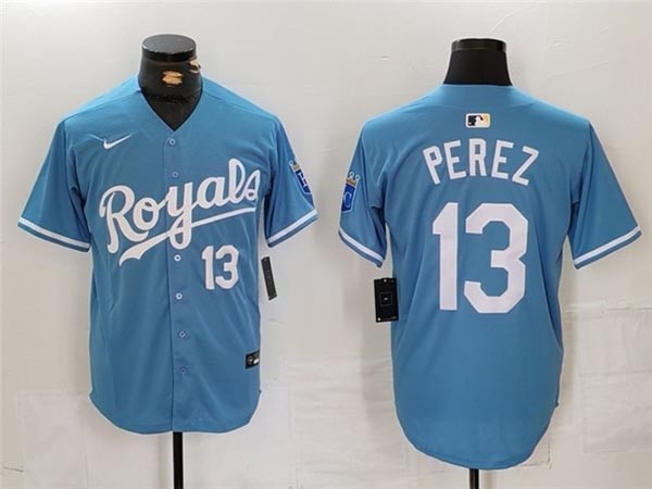 Men's Kansas City Royals #13 Salvador Perez Light Blue with front Number Limited Jersey