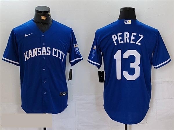 Men's Kansas City Royals #13 Salvador Perez Blank Royal Blue Limited Jersey