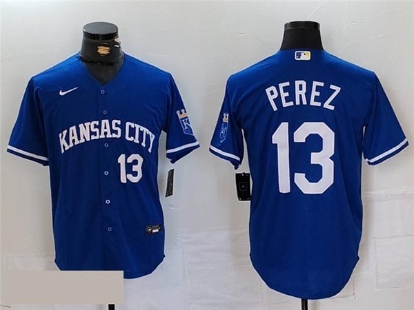 Men's Kansas City Royals #13 Salvador Perez Royal Blue with front Number Limited Jersey