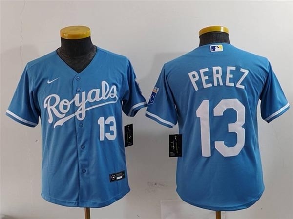 Youth Kansas City Royals #13 Salvador Perez Light Blue with front number Limited Jersey