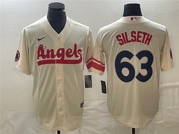 Men's Los Angeles Angels #63 Chase Silseth Cream 2022 City Connect Cool Base Jersey