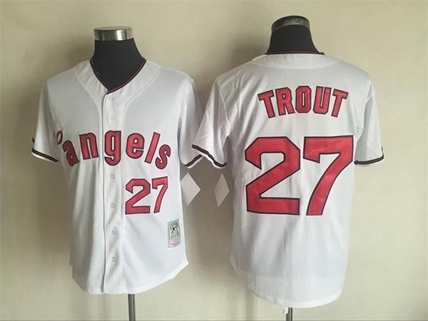 Men's Los Angeles Angels #27 Mike Trout Throwback White Jersey