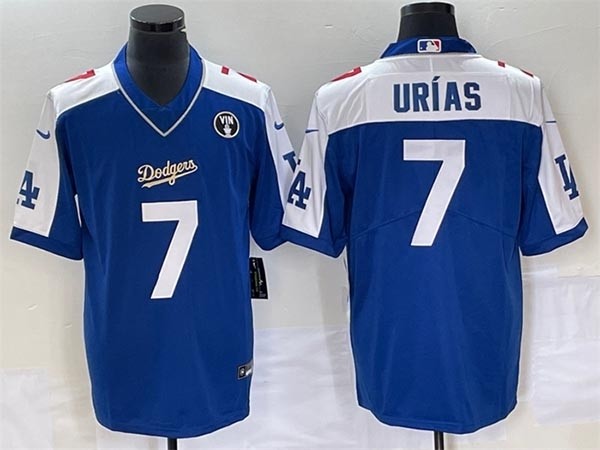 Men's Los Angeles Dodgers #7 Julio Urias Blue Vin Scully Patch Stitched Jersey