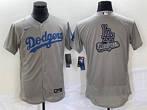 Men's Los Angeles Dodgers Grey Team Big LA Logo Flex Base Stitched Baseball Jersey