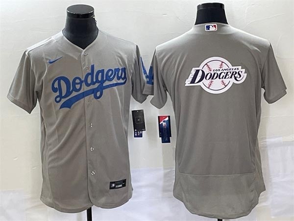 Men's Los Angeles Dodgers Grey Team Big Logo Flex Base Stitched Baseball Jersey