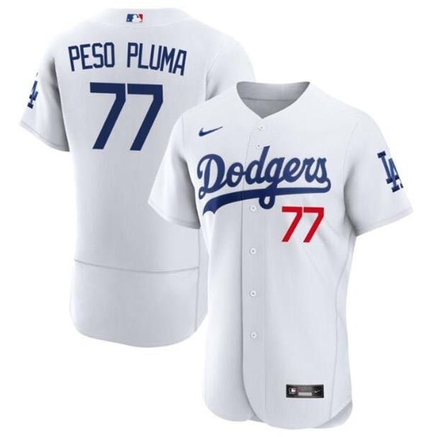 Men's Los Angeles Dodgers #77 Peso Pluma White with front red number Flex Base Stitched Baseball Jersey