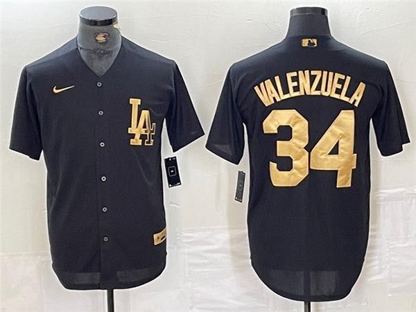 Men's Los Angeles Dodgers #34 Fernando Valenzuela Black Gold Jersey