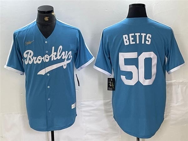 Men's Los Angeles Dodgers #50 Mookie Betts Light Blue Cooperstown Collection Jersey