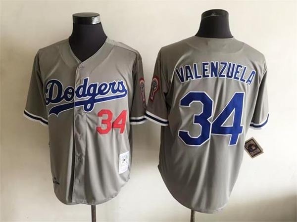 Men's Los Angeles Dodgers #34 Fernando Valenzuela Throwback Gray Jersey