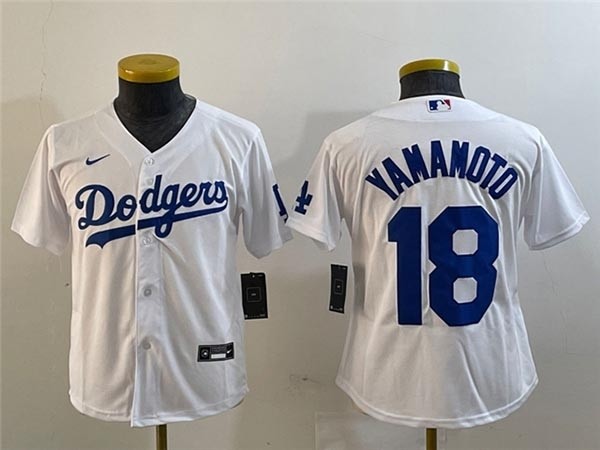 Youth Los Angeles Dodgers #18 Yoshinobu Yamamoto White Jersey