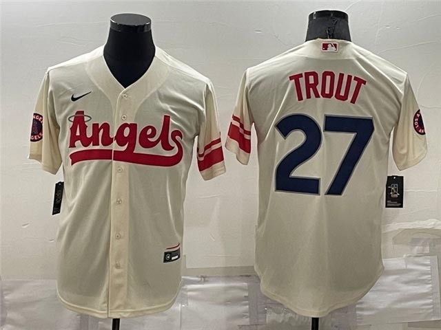 Los Angeles Angels #27 Mike Trout Cream 2022 City Connect Cool Base Jersey