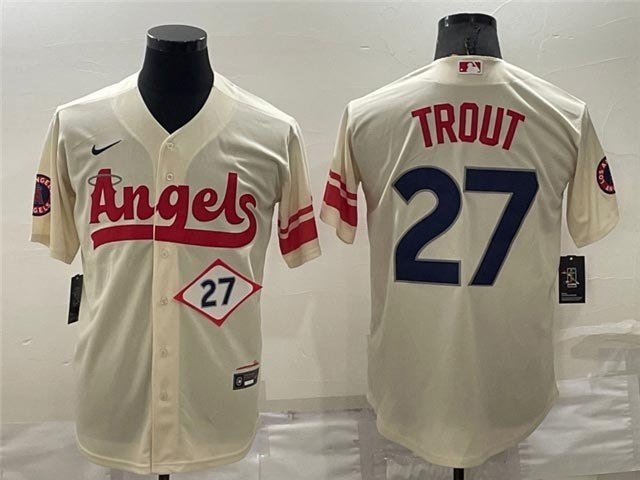 Los Angeles Angels #27 Mike Trout Cream 2022 City Connect with front Number Cool Base Jersey