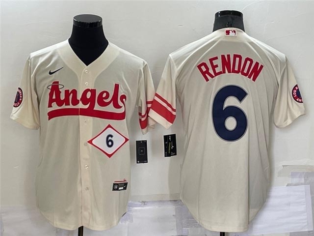 Men's Los Angeles Angels #6 Anthony Rendon Cream 2022 City Connect with front Number Cool Base Jersey