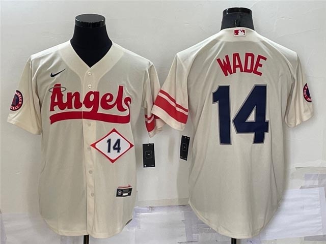 Men's Los Angeles Angels #14 Tyler Wade Mike Trout Cream 2022 City Connect with front Number Cool Base Jersey